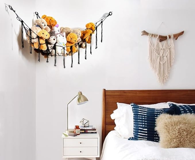 Stuffed Animals Hammock Corner Hanging Net with Tassel Macrame Stuffed Animal Storage Plush Toy Holder Toy Organizer for Boho Nursery Playroom Bedroom Kids Room Decor (black, Large)
