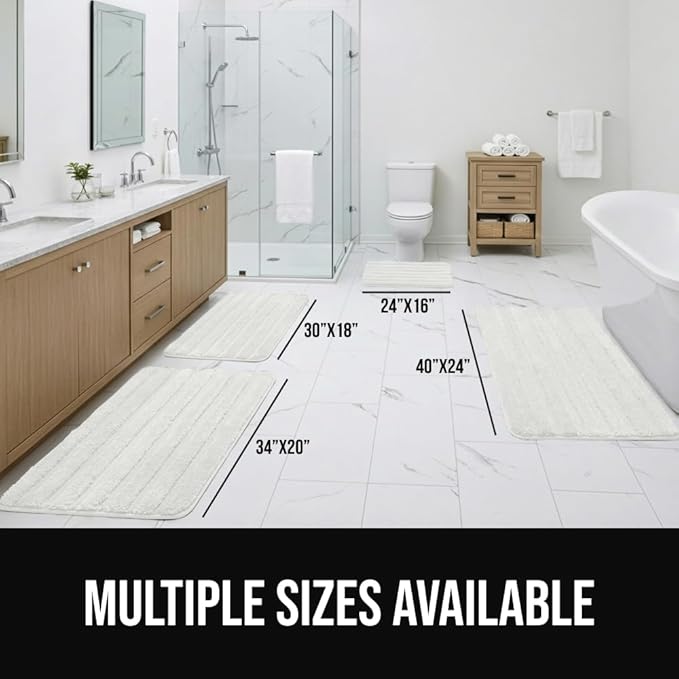GORILLA GRIP Textured Backing Bathroom Rugs, Soft Memory Foam Absorbent Striped Bath Mats Set of 2, Machine Washable Fade Resistant, Floor Bathmat, Home Decor Shower Essentials, White 24x16 and 30x18