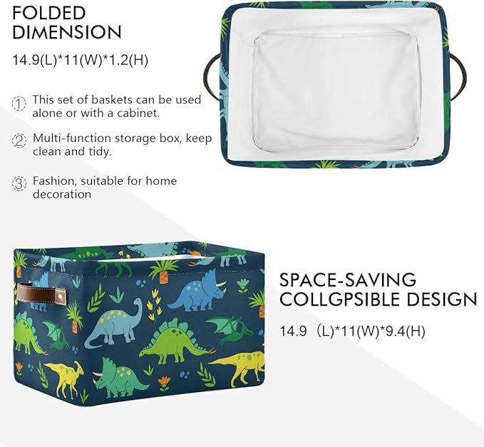 Rectangular Storage Bin Dinosaur Basket with Handles - Organizer Bin for Toys, Books, Laundry Basket for Kids/Pets, Playroom