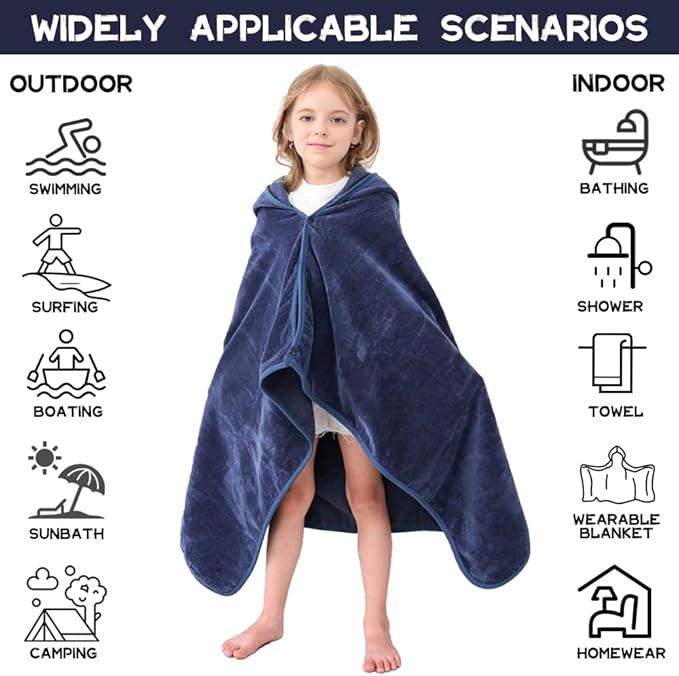 Hiturbo Kids Hooded Bath Towel: 100% Cotton Soft Thick Absorbent Towels Wrap - 50"x30" Shower Beach Pool Wearable Blanket for 3-12 Yrs Boys Girls - Navy