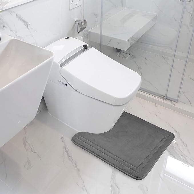 Grey Bathroom Rug Set of 2 Memory Foam Bath Mat and U-Shaped Contour Toilet Rug Non Slip Washable Floor Mats Soft Absorbent Plush Microfiber Shower Tub Bathmat Gray,32"x20"+24"x20"