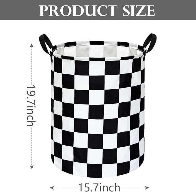 19.7 Inch Round Laundry Hamper Black Check Laundry Basket Fabric Storage Hamper Organization Basket, Storage Bin, Toy Box,Gift Basket with Handles for Room
