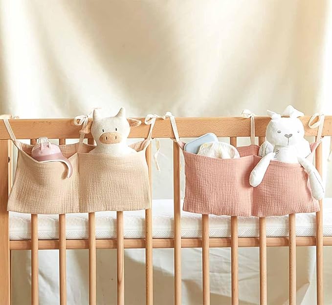 Cotton Baby Bedside Hanging Storage Bag,2 Pockets Organizer for Baby Cribs and Toys (Pink)