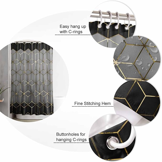 Grey Black Geometric Bathroom Set with Shower Curtain and Rug and Accessories,66x72 Inches Long Bathtub Curtain with Large Bath Mat,Minimalist Honey Gold Plaid Line Bathtub Floor Runner Rug Set