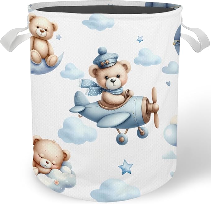 Bear Nursery Laundry Basket Hamper, Toybox for Boys Girls, Hot Air Balloon Airplane Bear Waterproof Collapsible Storage Bin Organizer for Bedroom Bathroom Kids Room Clothes Toys Books