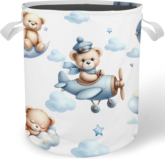 Bear Nursery Laundry Basket Hamper, Toybox for Boys Girls, Hot Air Balloon Airplane Bear Waterproof Collapsible Storage Bin Organizer for Bedroom Bathroom Kids Room Clothes Toys Books