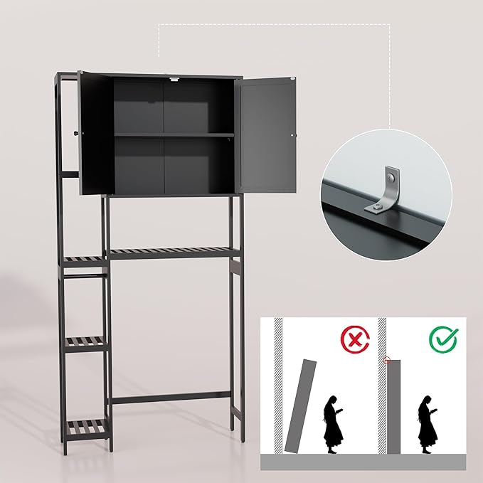 Bamboo Over The Toilet Storage, Above Toilet Organizer Storage Shelf Stand, Tall Freestanding Behind Toilet Rack, Tiered Bathroom Space Saver Shelving, Easy Assembly (Black)