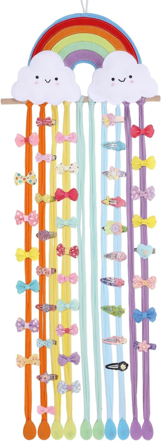 Long Bow Holder for Girls Baby Rainbow Color Clouds Hair Bows Clip Organizer 31.5 Inch Baby Hair Accessories Storage Display Hanging Decor for Girls Nursery Room Bedroom Living Room