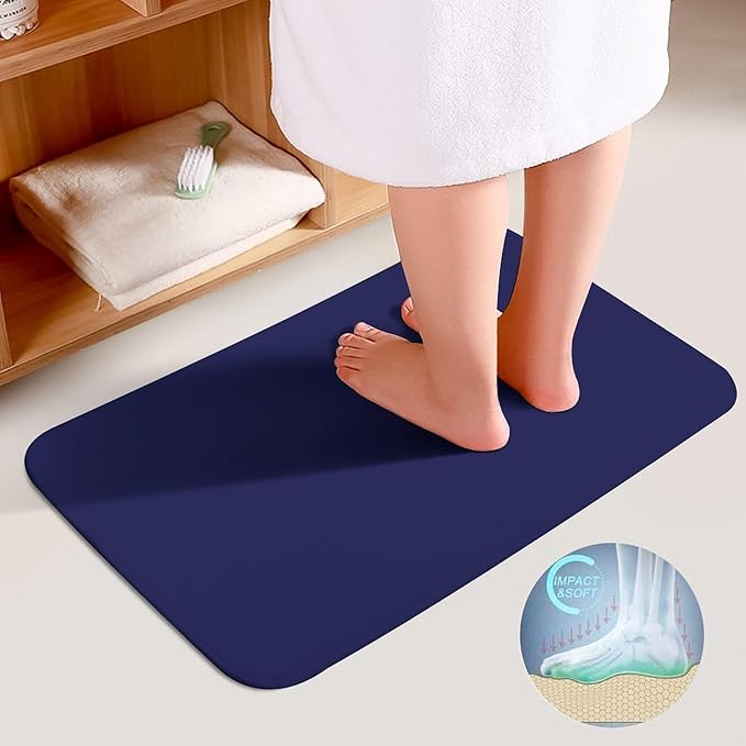 3 Pieces Bath Rug Sets, Solid Navy Blue Bathroom Mat Set Non Slip U Shaped Contour Rug & Toilet Lid Cover