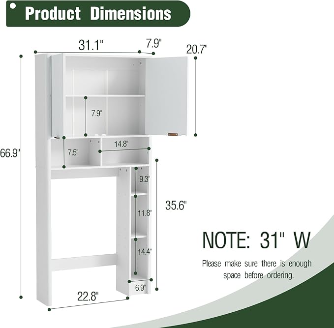 31" W Over The Toilet Storage Cabinet with Fluted Door, White Bathroom Organizer with Adjustable Shelf, 67''H Tall Toilet Paper Holder Stand Wave Door for Restroom, Laundry Room
