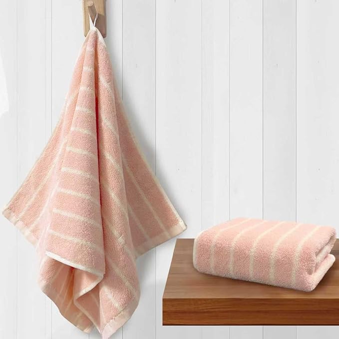 2-Pack Premium Stripe Cotton Hand Towels with Hanging Loop - 13x28 Inch, Medium Weight 420GSM, Ultra Absorbent, Daily Bathroom & Face Towels, Soft Comfortable Durable Pink Ground Beige Stripe Design