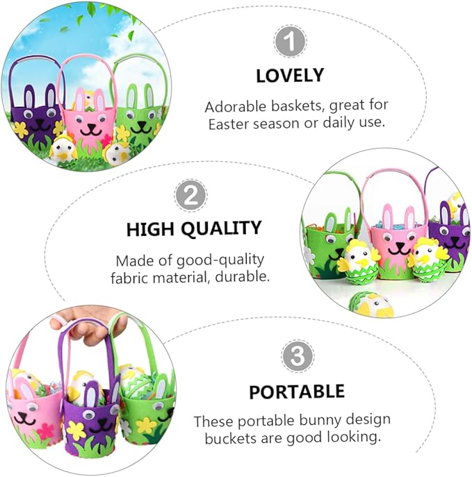 OSOLADY 3Pcs Easter Egg Basket Adorable Bunny Felt Baskets for Egg Hunts and Festival Decorations Fabric for Boy Girl and Family Fun