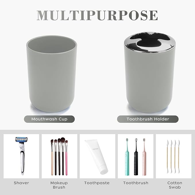 4 Pcs Grey Bathroom Accessories Set,Bohemian Bathroom Toothbrush Holder Set.Include Soap Dispenser, Soap Dish, Toothbrush Holder, Mouthwash Cup, Modern Bahtroom Decor Set