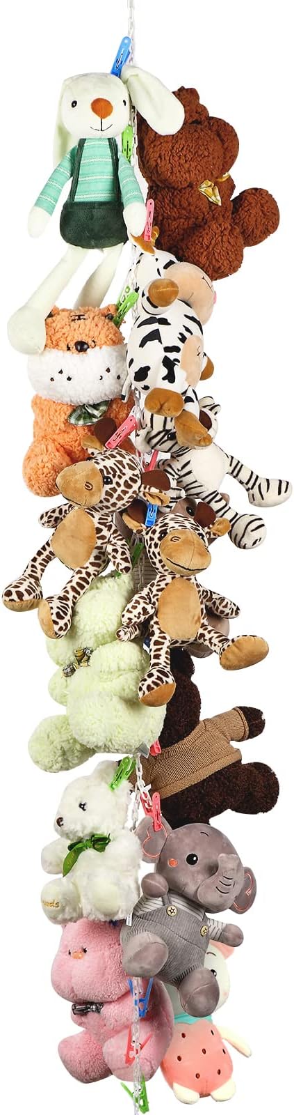 Blulu Stuffed Animal Storage Chain with 20 Clips 78.74'' Plastic Chain with Hooks for Nursery Bedroom Playroom Wall Corner Organizer Hanging Hats Socks Holiday Cards(Mixed Color Clip)