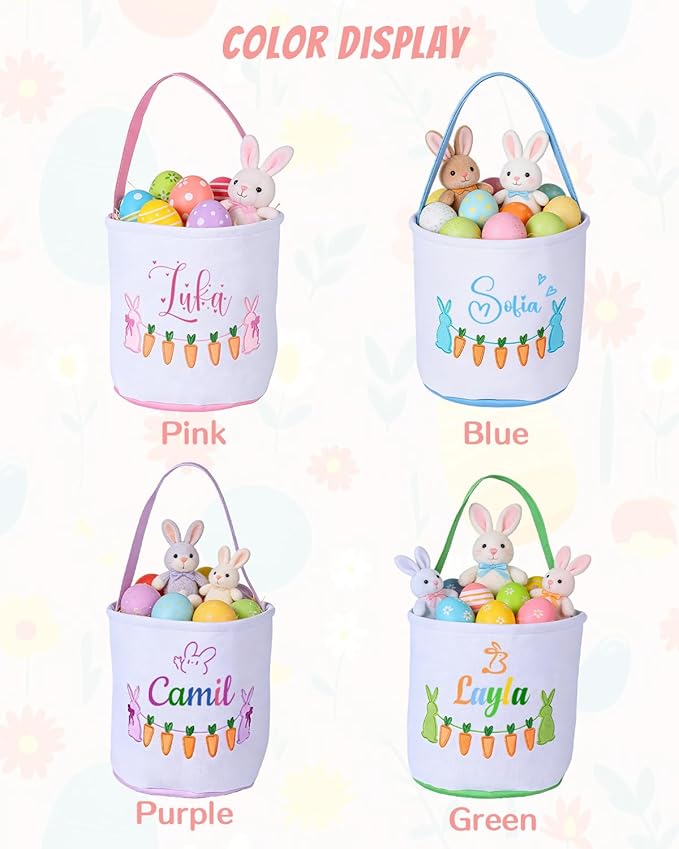 Personalized Embroidered Easter Basket for Kids - Custom Name Carrot Bunny Basket Bags, Perfect for Easter Egg Hunt, Gifts & Party Favors for Boys & Girls