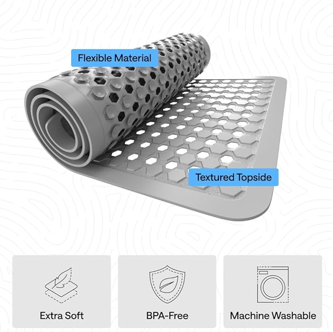 GORILLA GRIP Patented Bath Tub Shower Mat, Machine Washable Bathtub Floor Liner Mats, Suction Cups and Drain Holes to Keep Tubs Clean, Soft on Feet, Bathroom Essentials, 35x16 Inch, Gray Opaque