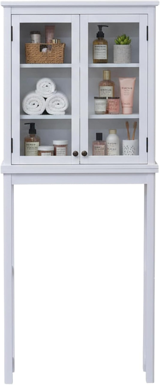 Alaterre Furniture Dorset Over-The-Toilet Storage Cabinet with Tempered Glass Doors – White Wood Bathroom Space Saver Organizer with Adjustable Shelves, Hutch & Wall Mount Hardware