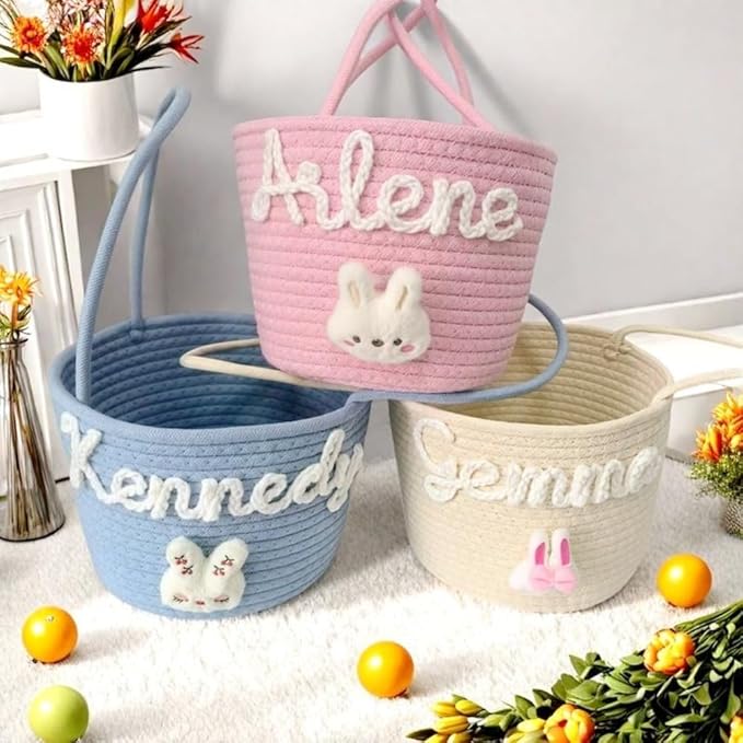 Personalized Easter Bunny Basket, Custom Name Baby Basket, Easter Gift for Kid Toddler,boy,girls (15x18x23cm)