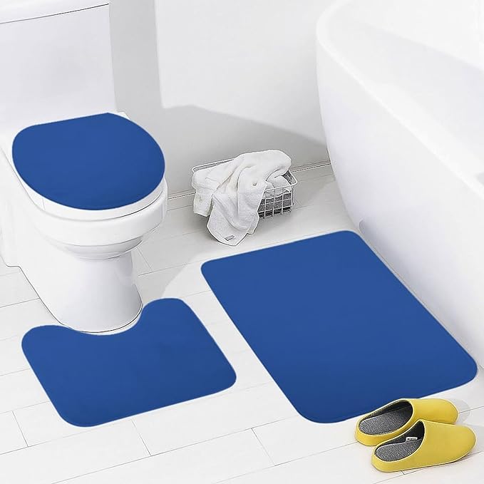3 Pieces Bath Rug Sets, Royal Blue Trend Color Bathroom Mat Set Non Slip U Shaped Contour Rug & Toilet Lid Cover
