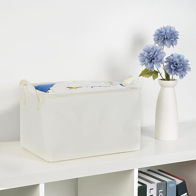 Bidtakay Rectangular Storage Basket,Waterproof Large Storage Bins Box with Handles, Shelf Baskets for Home Office Closet, Decorative Storage Baskets for Home (15"x10"x9"- White)