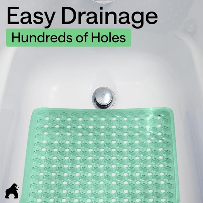 GORILLA GRIP Patented Bath Tub Shower Mat, Machine Washable Bathtub Floor Liner Mats, Suction Cups and Drain Holes to Keep Tubs Clean, Soft on Feet, Bathroom Essentials, 35x16 Inch, Clear Green