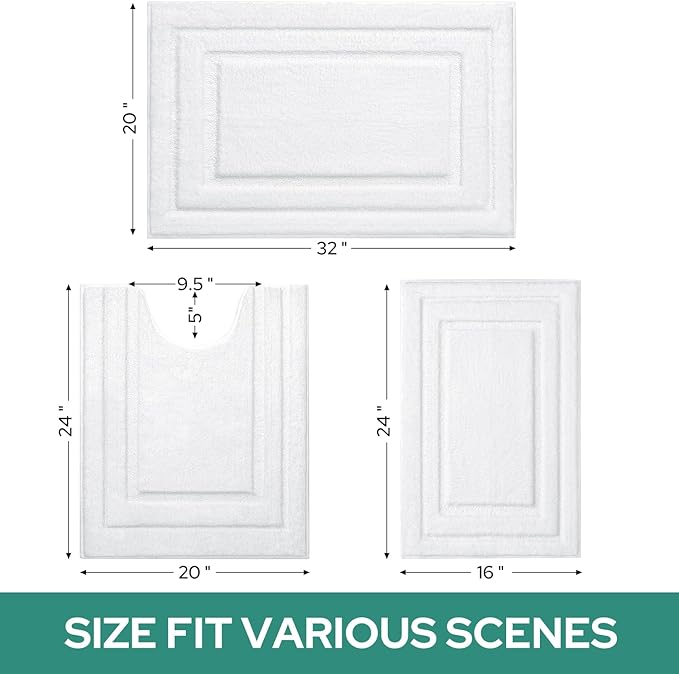 HOMEIDEAS Bathroom Rugs Sets 3 Piece, Super Soft and Absorbent Non Slip Microfiber Toilet Bath Mat with U-Shaped (White)
