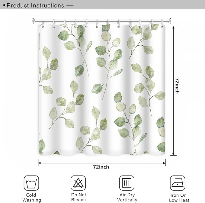Green Eucalyptus Leaves Bathroom Nature Plants Watercolor Leaf Shower Curtain with Hooks, Polyester Waterproof Fabric Aesthetics Home Decor, 72x72 Inch