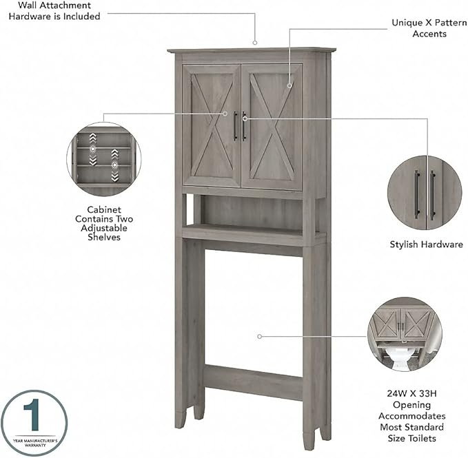 Bush Furniture Key West Tall Linen Cabinet and Over The Toilet Storage Cabinet in Driftwood Gray
