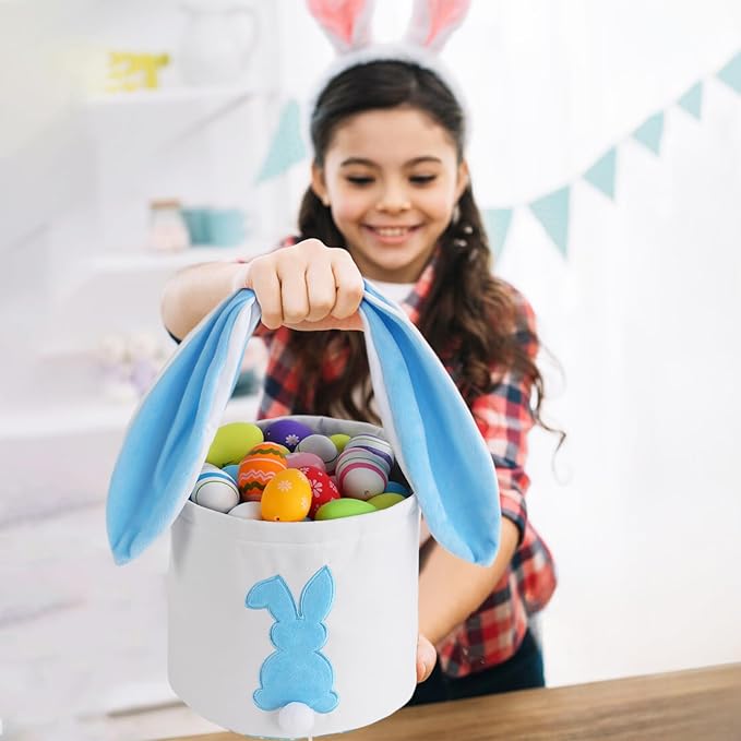 MONOBLANKS Easter Bunny Basket Bags Carrying Gift and Eggs Hunt Bag,Rabbit Canvas Toys Bucket Tote (A-Blue)