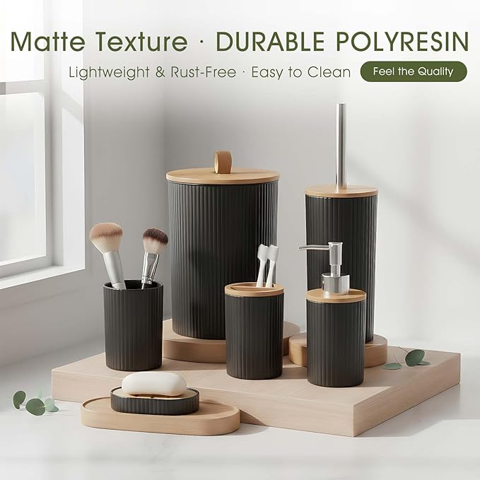 6-Piece Bathroom Set – Includes Toilet Brush,Trash Can & Soap Dispenser,Creating a Tidy and Coordinated Bathroom Space in One Stop，Round-Black