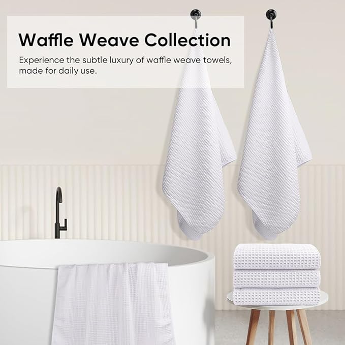 HOMEXCEL Waffle Bath Towels Set 4 Pack, Premium Microfiber Bathroom Towels, Ultra Soft, Lightweight, Highly Absorbent and Quick Dry Towel for Bathroom, Gym, Shower, Hotel, and Spa, 30 x 60 Inch, White