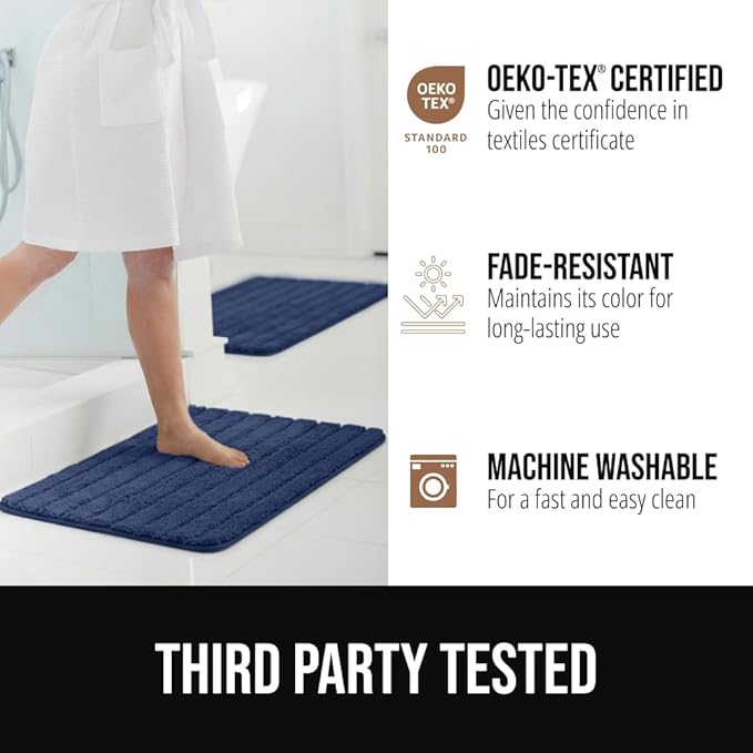 GORILLA GRIP Textured Backing Bathroom Rugs, Soft Memory Foam Absorbent Striped Bath Mats, Machine Washable & Fade Resistant, Bathmat Accessories for Floor, Home Decor Shower Essentials, Navy 40x24