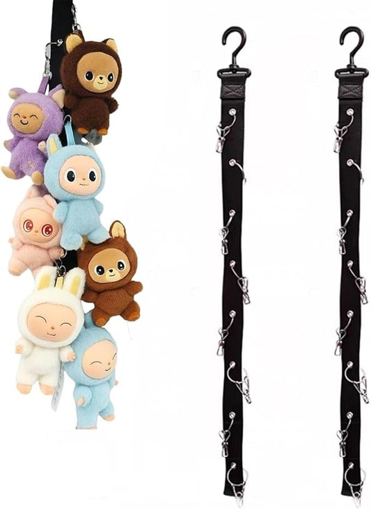 Plush Toy Display Strap for 15-17cm Blind Box Style Dolls, Stuffed Animal Hanging Chain with 8 Clips, Wall & Over Door Organizer (No Dolls Included) (2-Pack Black)