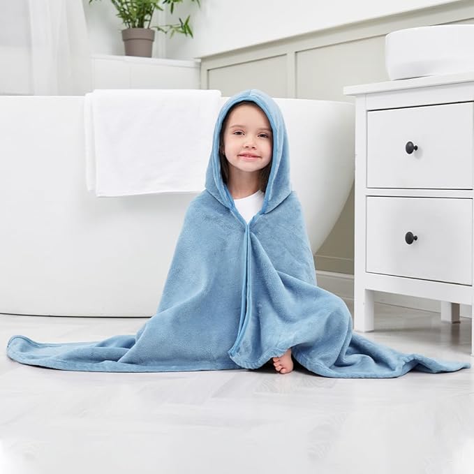 Hiturbo Kids Hooded Bath Towel: Soft Plush Pool Beach Fleece Towel Blanket - 50"x30" Toddler Towels Wrap for Boys Girls 3-12 Years (Blue)