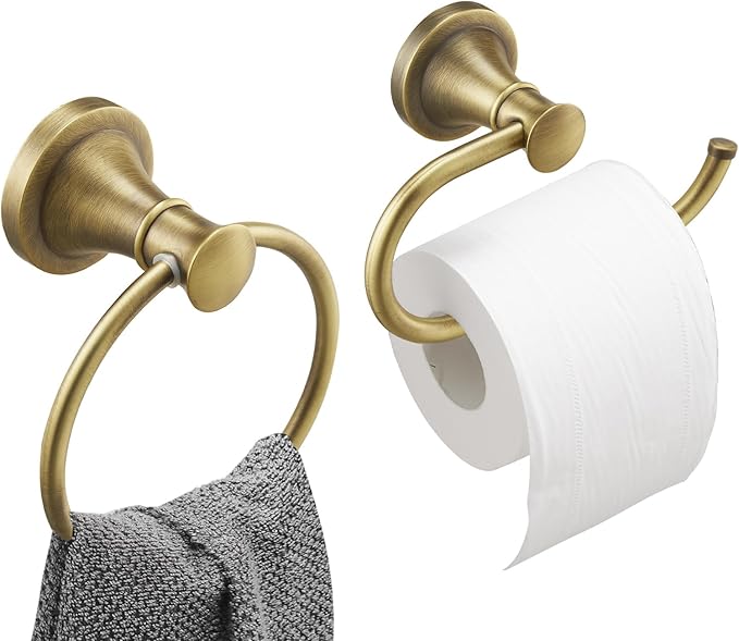 Hoimpro Antique Brass Towel Ring Toilet Paper Holder 2 Set, Double Bathroom Hardware Fixtures Toilet Roll Tissue Holder, Hand Towel Bar Towel Rack Rv Accessories, Sus304 Stainless Steel, Wall Mount