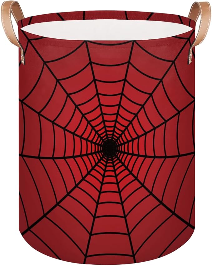 Red Spider Web Laundry Hamper Basket for Boys 18" Collapsible Polyester Sturdy & Lightweight Clothes Storage Bin with Handles for Kids Room Bedroom Bathroom Living