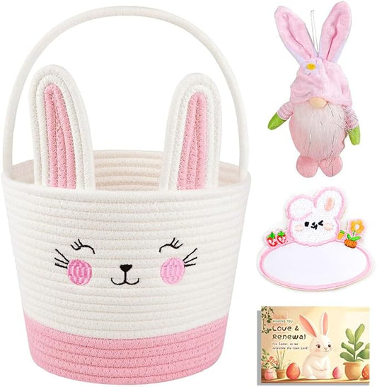 Easter Bunny Basket with Handle, Large Capacity Easter Egg Fillable Basket with Name Tag, Rabbit Ear Rustic Bunny Baskets Party Decoration Supplies