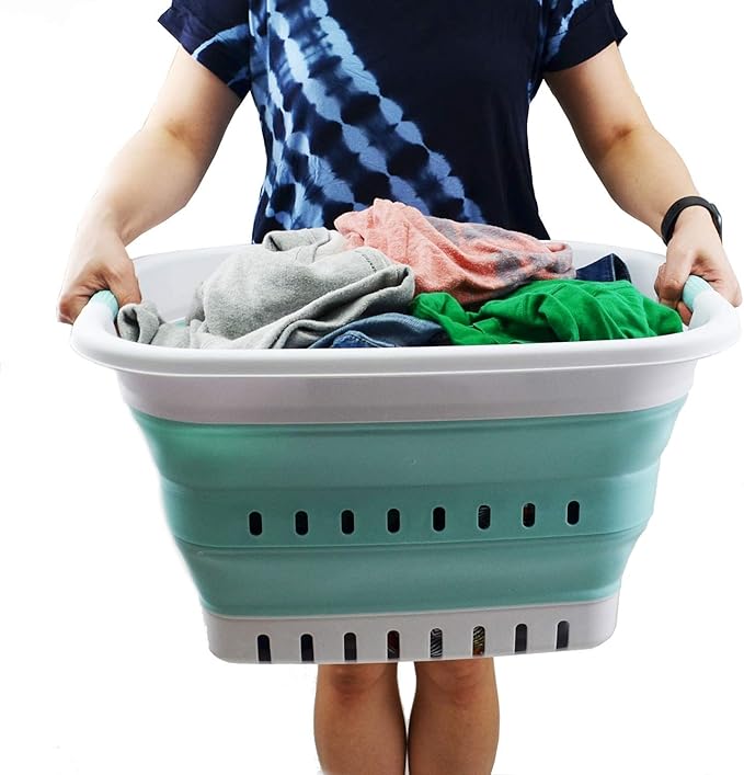 SAMMART 37L (9.77 gallon) Collapsible Plastic Laundry Basket - Foldable Pop Up Storage Container/Organizer - Space Saving Hamper/Basket (1, White/Lake Green)