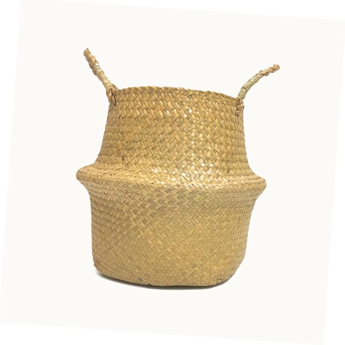 Handmade Foldable Seaweed Storage Basket Woven Decorative Basket for Organizing Clothes Toys and Plants Small Yellow