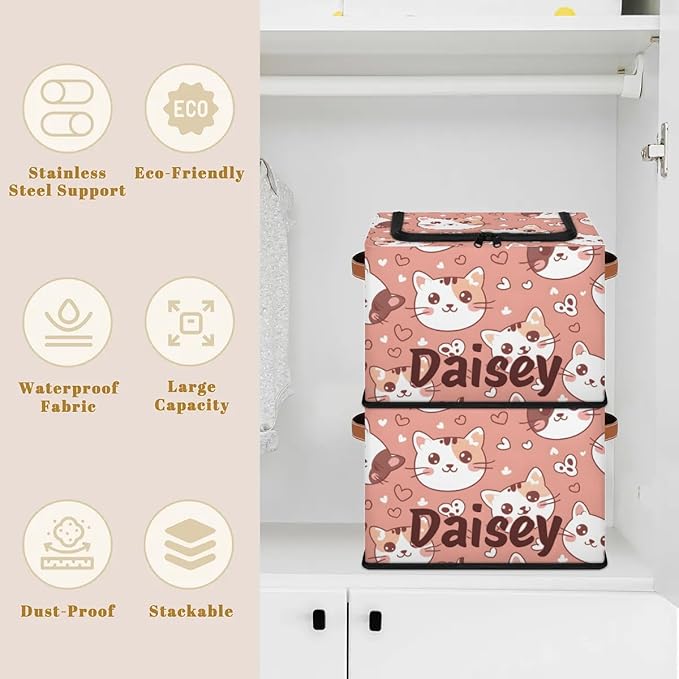 Custom Cute Cats Storage-Bin With Zipper Lid for Kids-Girls-Boys-Baby-Pet,Personalized Name Foldable Storage Box with Handle,Baby Basket With Label for Bedroom Nursery Toy Clothes,Pink