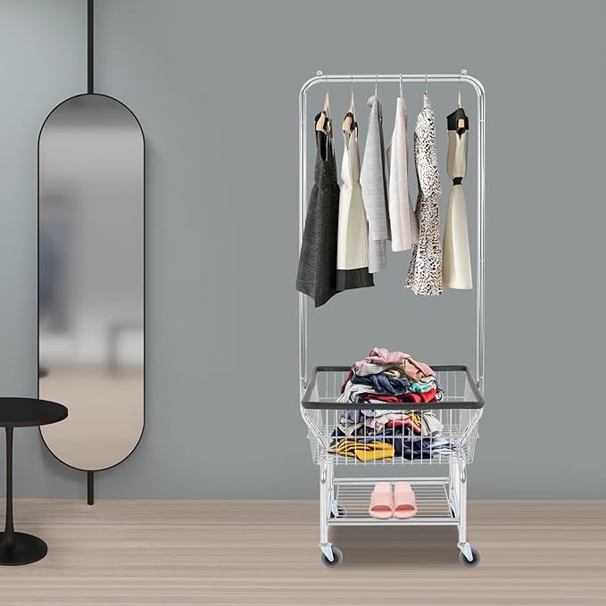 Laundry Cart,Steel Wire Laundry Cart,Laundry Basket With Wheels,Commercial Laundry Basket Cart Heavy Duty with Rod Rack 19.69x15.75x70.87in (C)