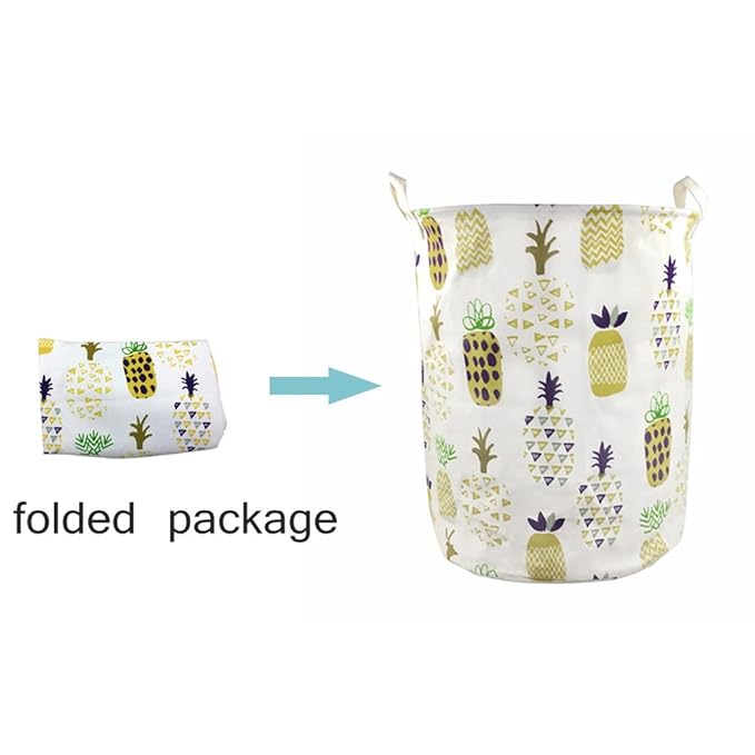 Orino 19 x 16.5 Inches Extra Large Canvas Fabric Folding Storage bin with Handle Waterproof Home Decor Laundry Hamper Organize Pineapple Storage Baskets for Dirty Clothes, Toy (Yellow)