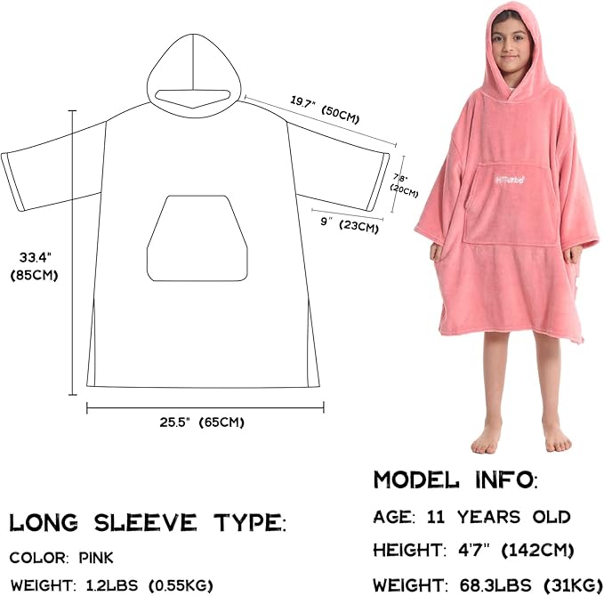 Hiturbo Kids Towel Changing Robe: Soft Plush Wearable Blanket - Warm Coral Fleece Hoodie - Swim Surf Poncho for 5-12 Years (Pink)