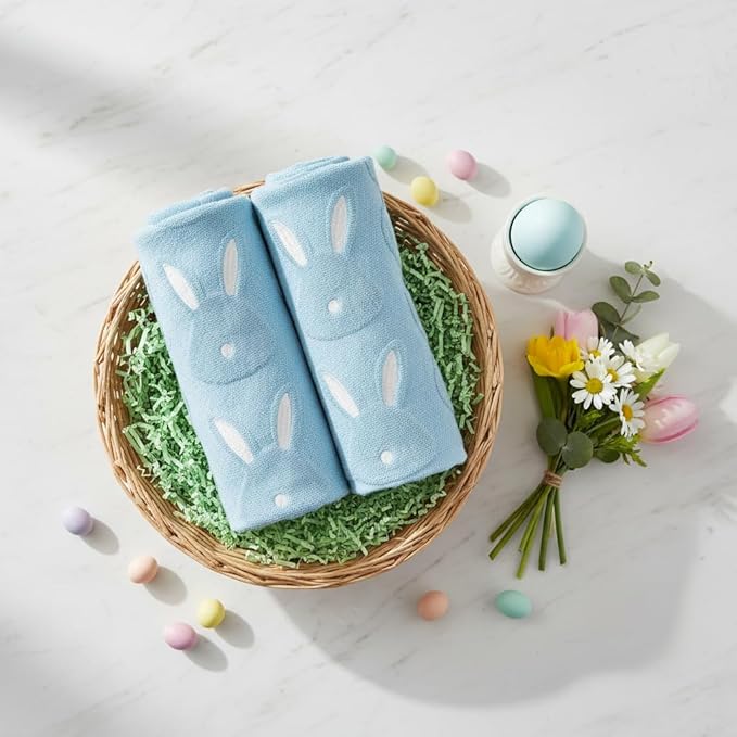 2pcs Easter Bunny Hand Towels Set 100% Cotton Soft Absorbent Spring Bathroom Hand Towels 14x29 Inch Cute Jacquard Easter Kitchen Decor Towels Holiday Kitchen Bathroom Decor Gift(Blue)