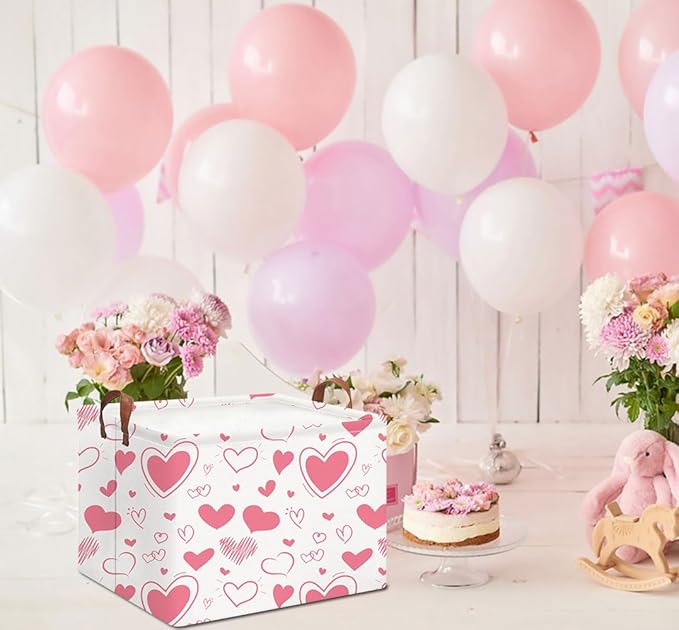 Rectangle Pink Gift Basket Empty with for Kids,Pink Valentine Bakset,Cute Organizer Toy Bin,Gift Basket for Girls/Kids(Pink & White Heart)