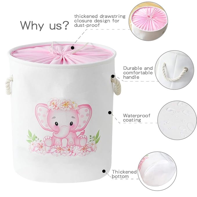 INough Baby Basket Pink Hamper Large Kids Hamper Baby Laundry Hampers for Nursery Girl, Girls Laundry Baskets for Kids, Dirty Clothes Basket Collapsible Kids Toys Orgnizer for Kidsroom/Nursery