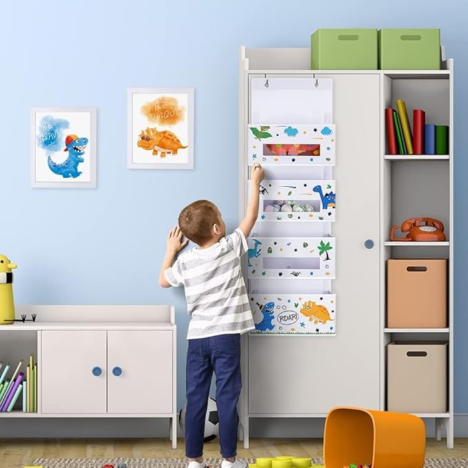 WERNNSAI Dinosaur Over Door Hanging Organizer - Behind Door Storage with 4 Clear Window Pockets for Baby Boys Room Organization Toy Diaper Closet Pantry Bedroom Bathroom Nursery Decor