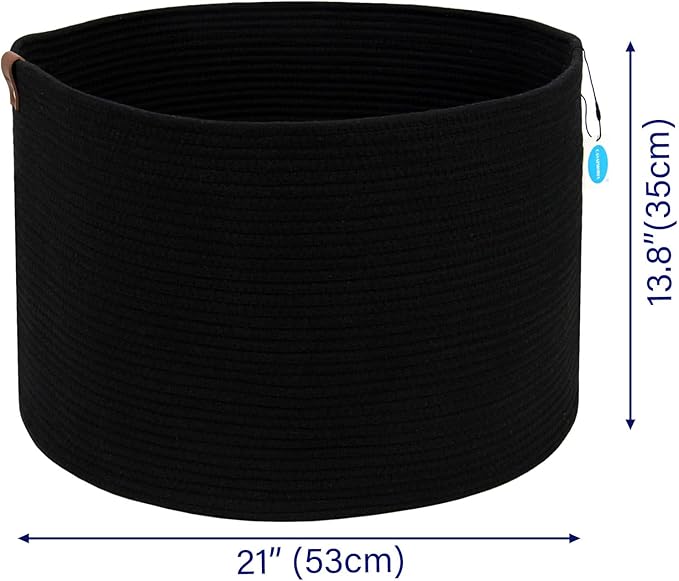 Casaphoria XXXLarge Cotton Rope Basket for Living Room - Woven Storage Basket with Handle for Blankets, Towels and Pillows Laundry Hamper | Dark Black (21" x 21" x 13.8")