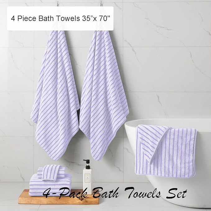 4 Pcs Light Purple Cabana Stripe Large Bath Towels 35"x70" Oversized Bath Sheet Soft Breathable Jumbo Bathroom Towels Highly Absorbent Shower Towel Quick Dry Beach Chair Towel Spa Gym Hotel Towel Set