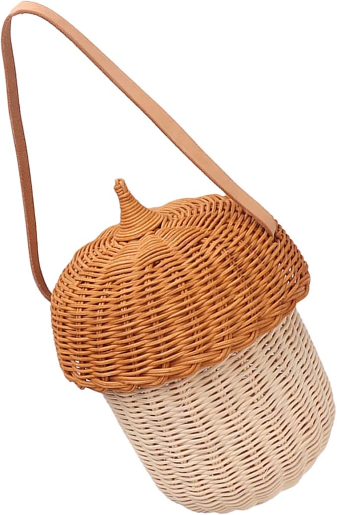 Kids Rattan Storage Basket, Multifunctional Acorn Shaped Waterproof Rattan Basket Bag Decorative for Outdoor for Girls (Large Handbag)